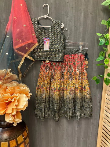 Green and Pink Cute kids lehenga set