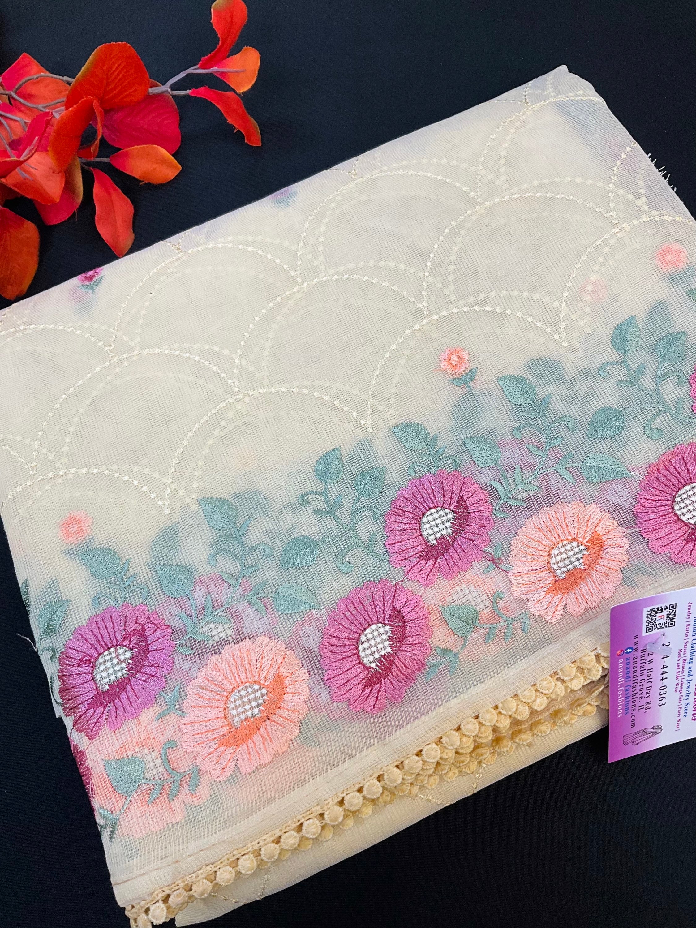 Light yellow super net saree with embroidery  image 0