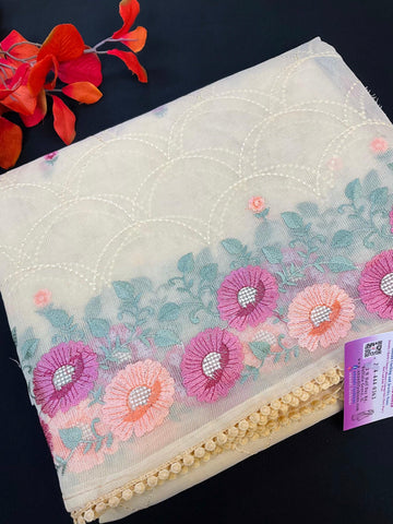 Light yellow super net saree with embroidery
