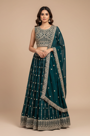 Teal Green Georgette Lehenga Set with Gold Sequin Buti & Geometric Blouse - Anandi Fashions