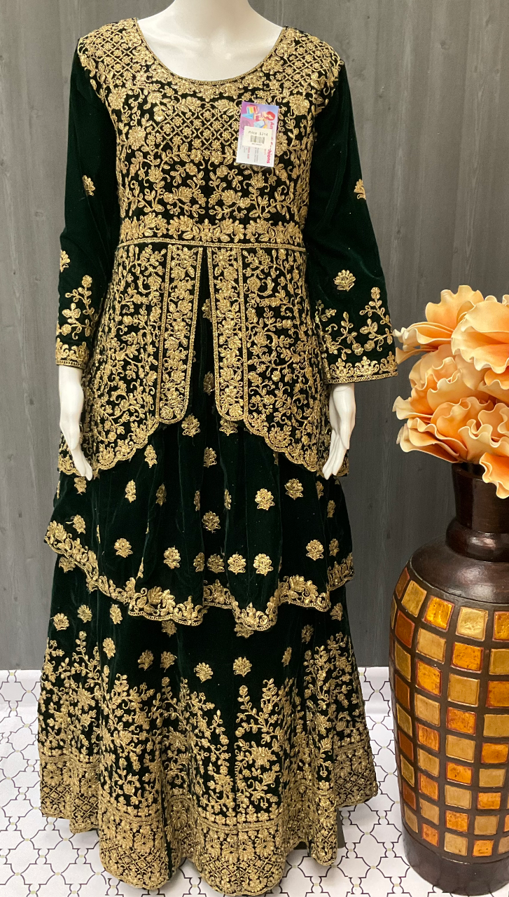 Green Lehenga Choli - Grand Wedding Velvet Peplum Top Lehenga set- Size 42 image 1
