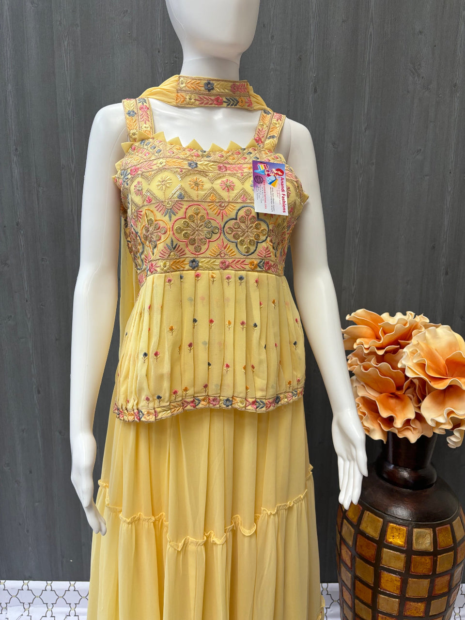 Lehenga Set - Vibrant Lime Yellow Georgette Lehenga - Size 38 image 1