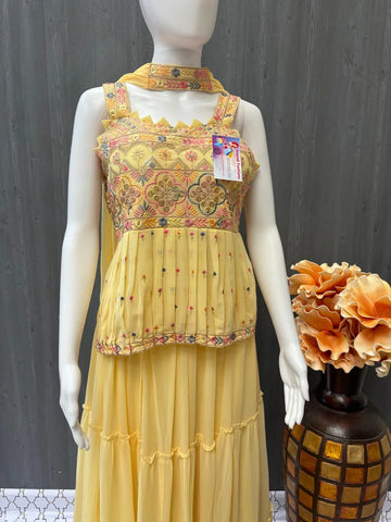 Lime Yellow Georgette Lehenga Set Size 38 - Party Wear