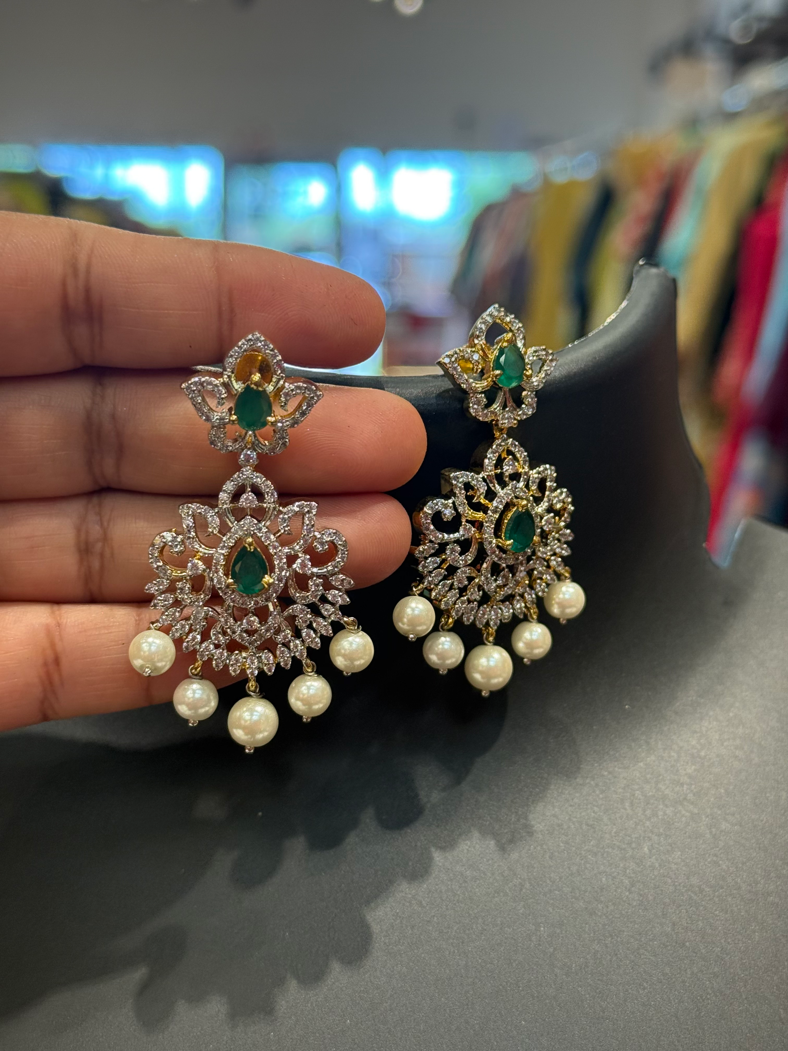 Party Wear - CZ Chandbali Earrings with Emerald Stones image 1