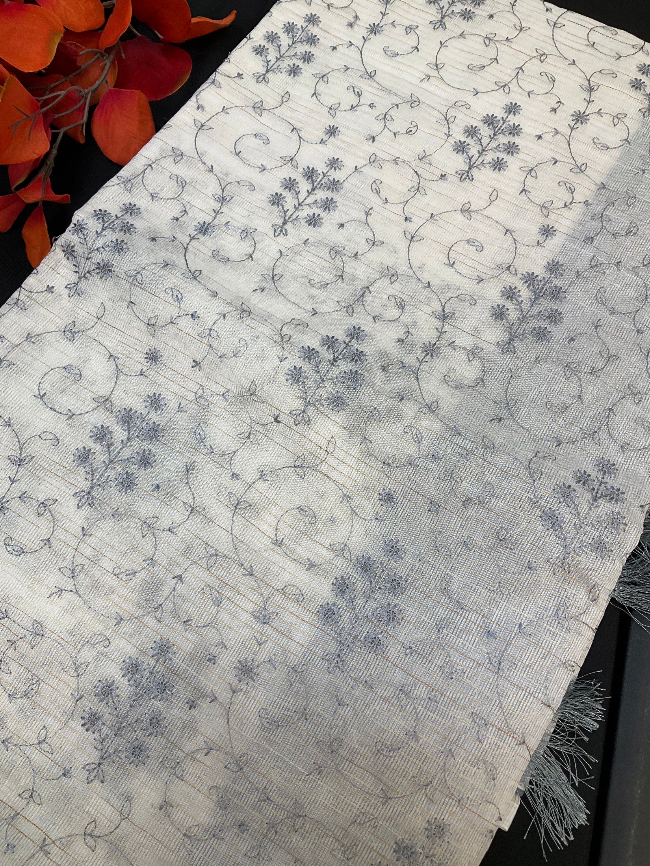 Chinon half white net saree with grey thread embroidery  image 1