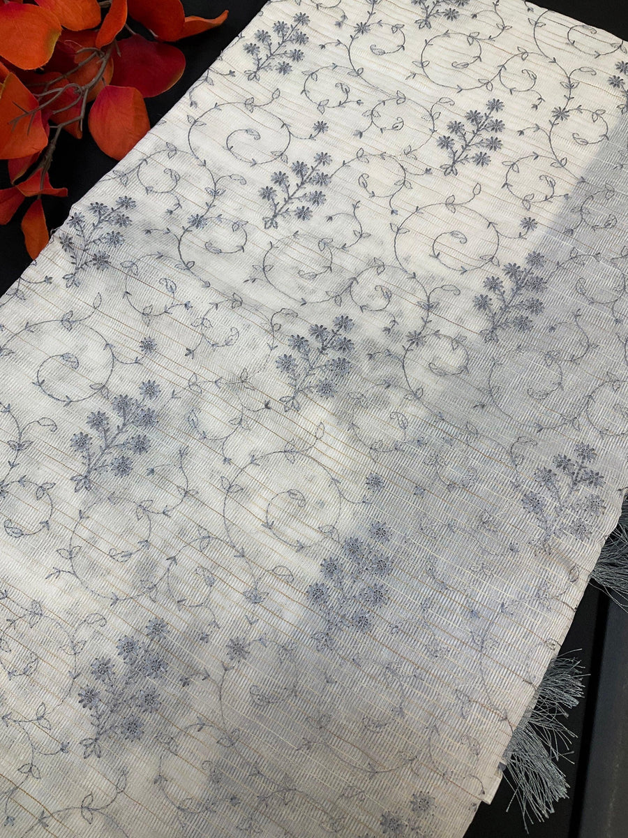 Chinon half white net saree with grey thread embroidery