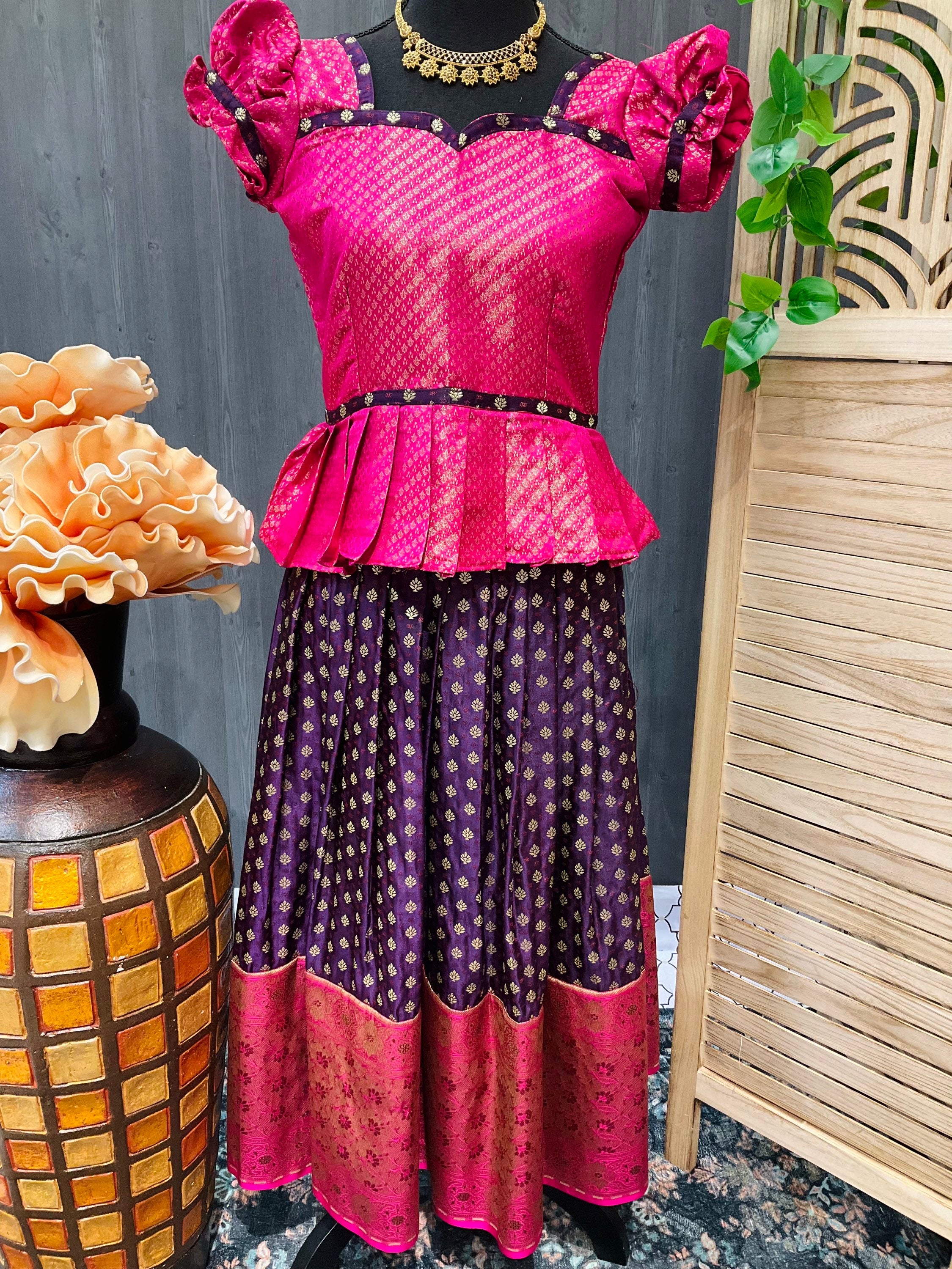 Pink - Purple Color South Indian Pattu Pavadai set- Size 30/32 image 1