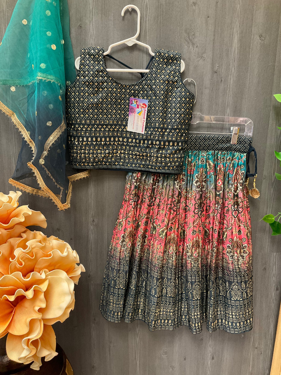 Green and Pink Cute kids lehenga set image 0