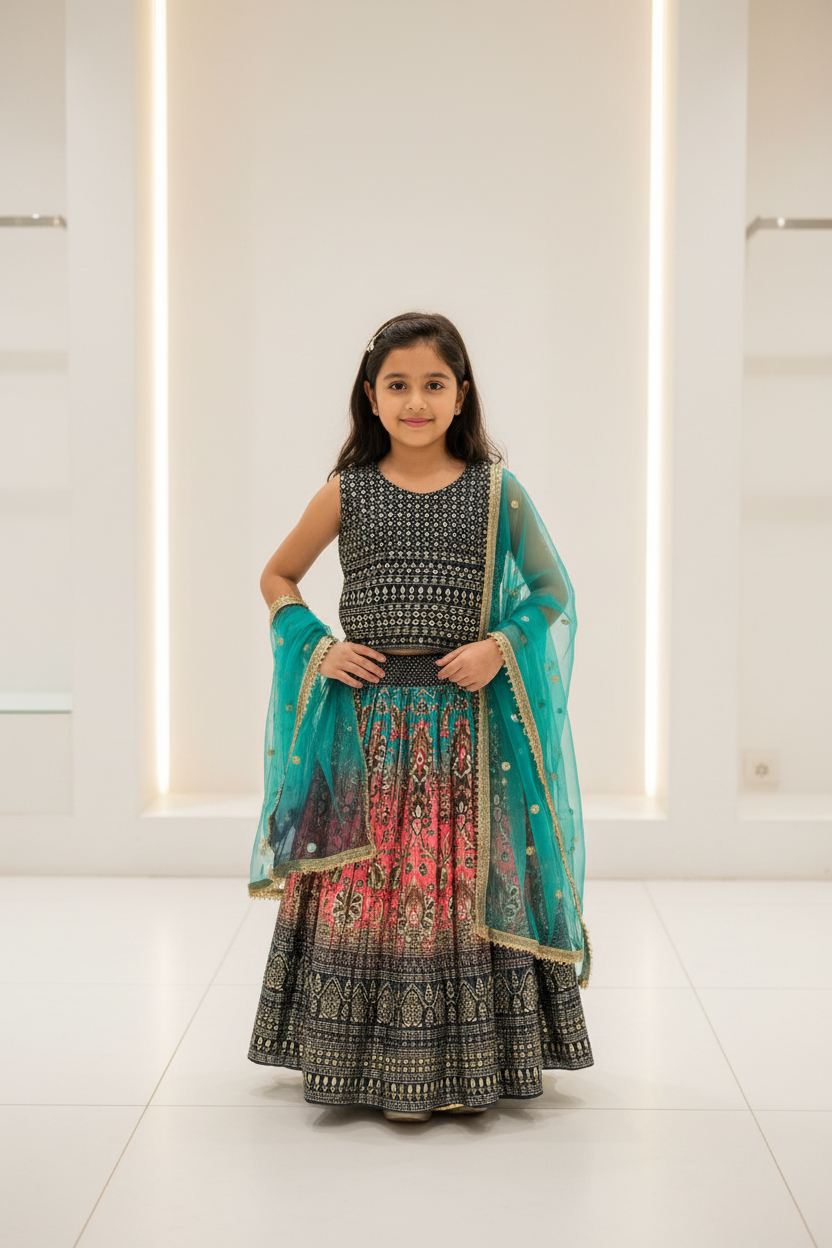 Green and Pink Cute kids lehenga set