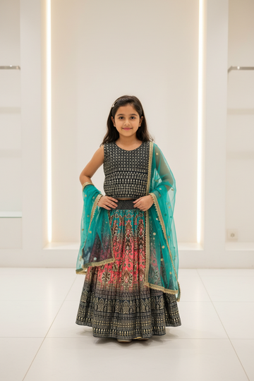 Green and Pink Cute kids lehenga set