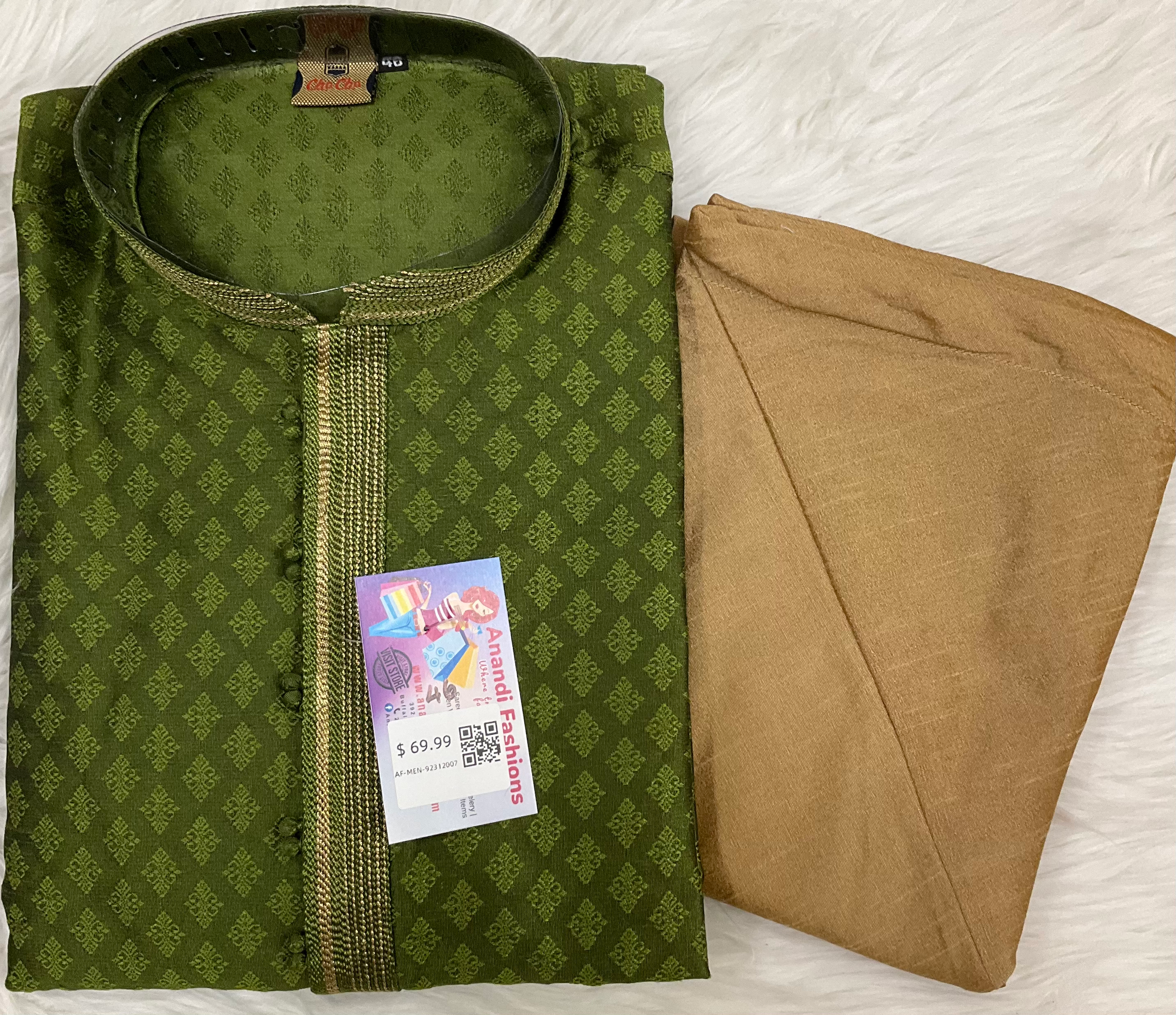 Size 48-Kurta for Men - Mens Silk Green Kurta with Brown Pajama image 0