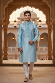Men’s Light Blue Silk Kurta Set – Plus Size - Mens - Kurta Set - Anandi Fashions