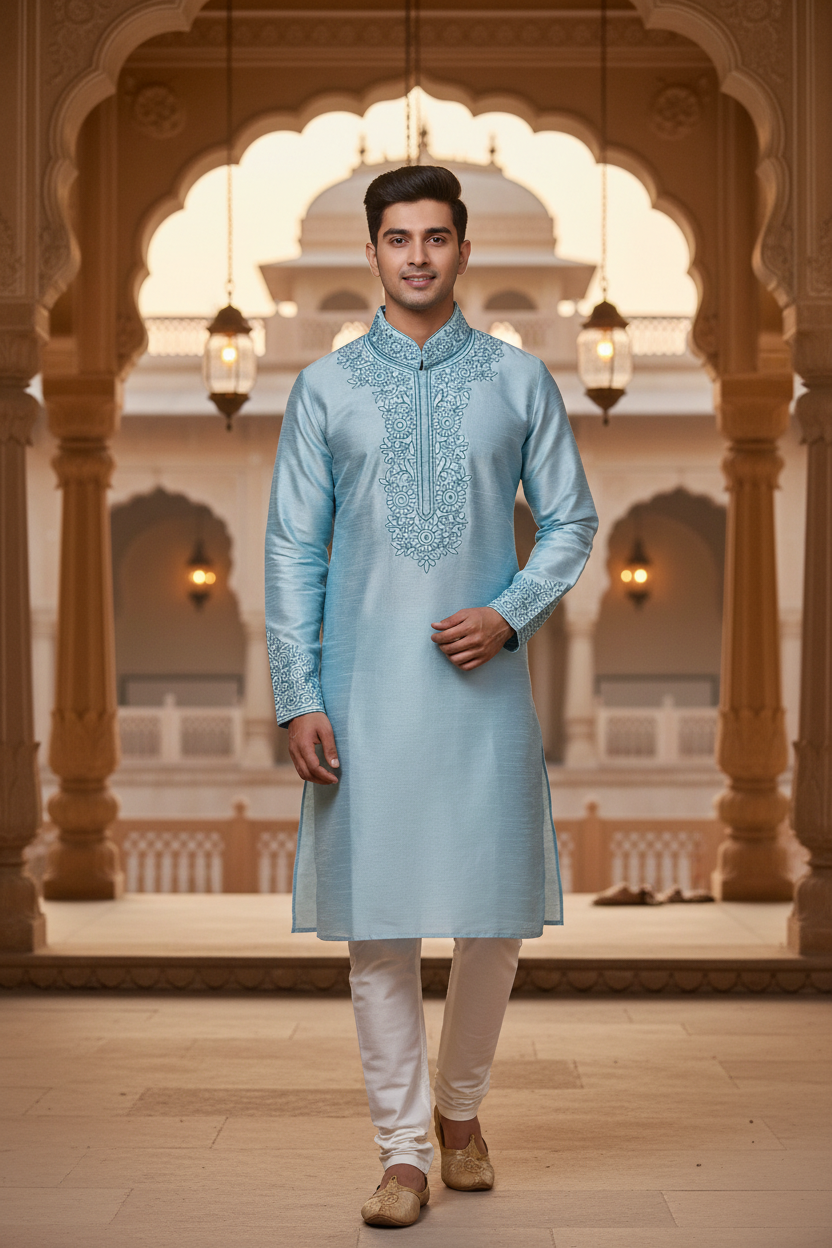 Men’s Light Blue Silk Kurta Set – Plus Size - Mens - Kurta Set - Anandi Fashions