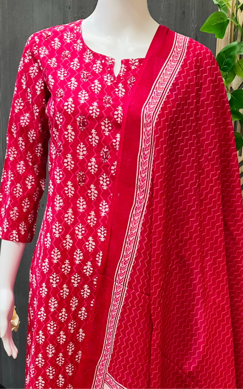 Pink- Pure cotton kurti set / churidar set with mirrors image 1