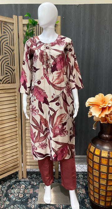 Leaf Pattern Cotton 3 piece Kurti set