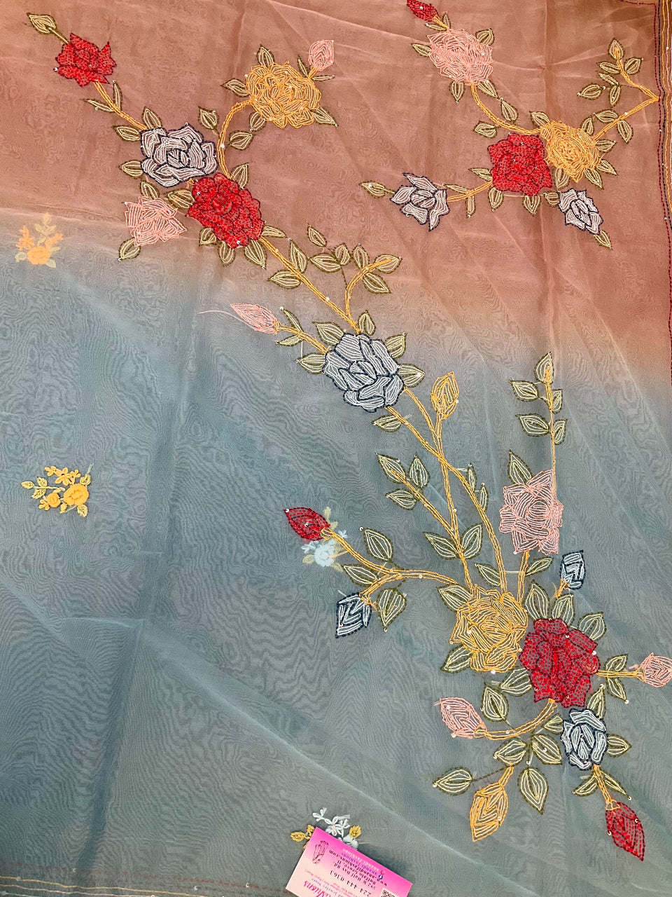 Blue organza saree shaded with Kantha thread work saree image 1