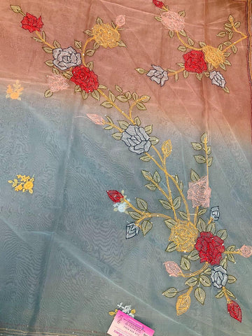 Blue organza saree shaded with Kantha thread work saree