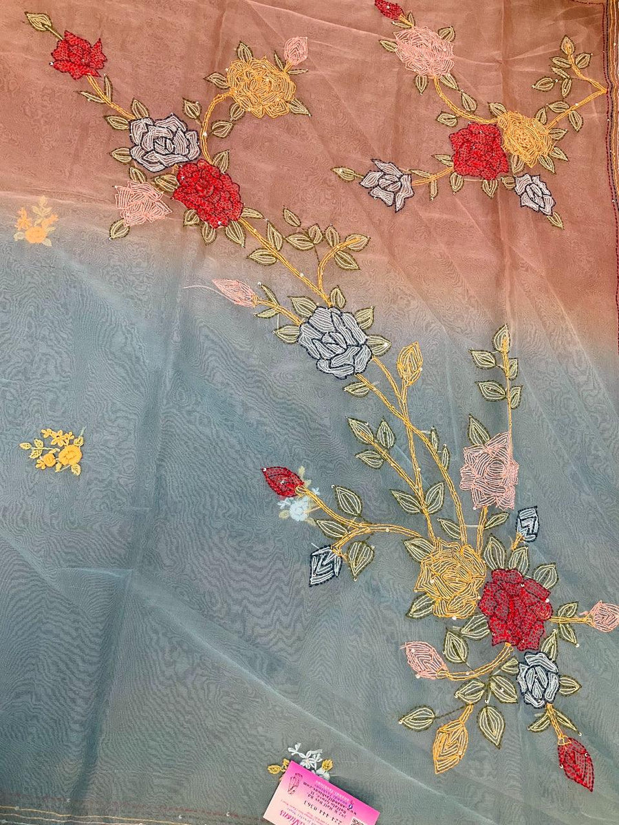 Blue organza saree shaded with Kantha thread work saree