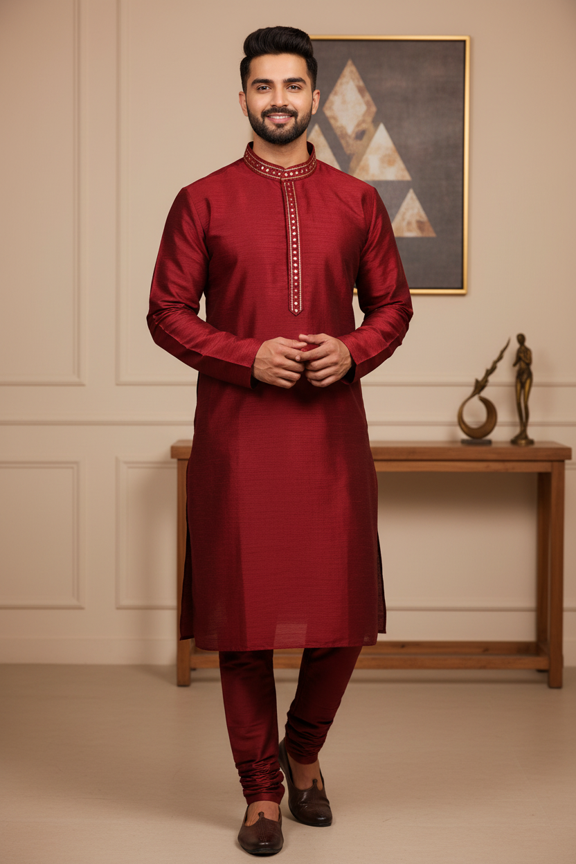 Men Kurta Pajama - Maroon and Blue Mens kurta Set