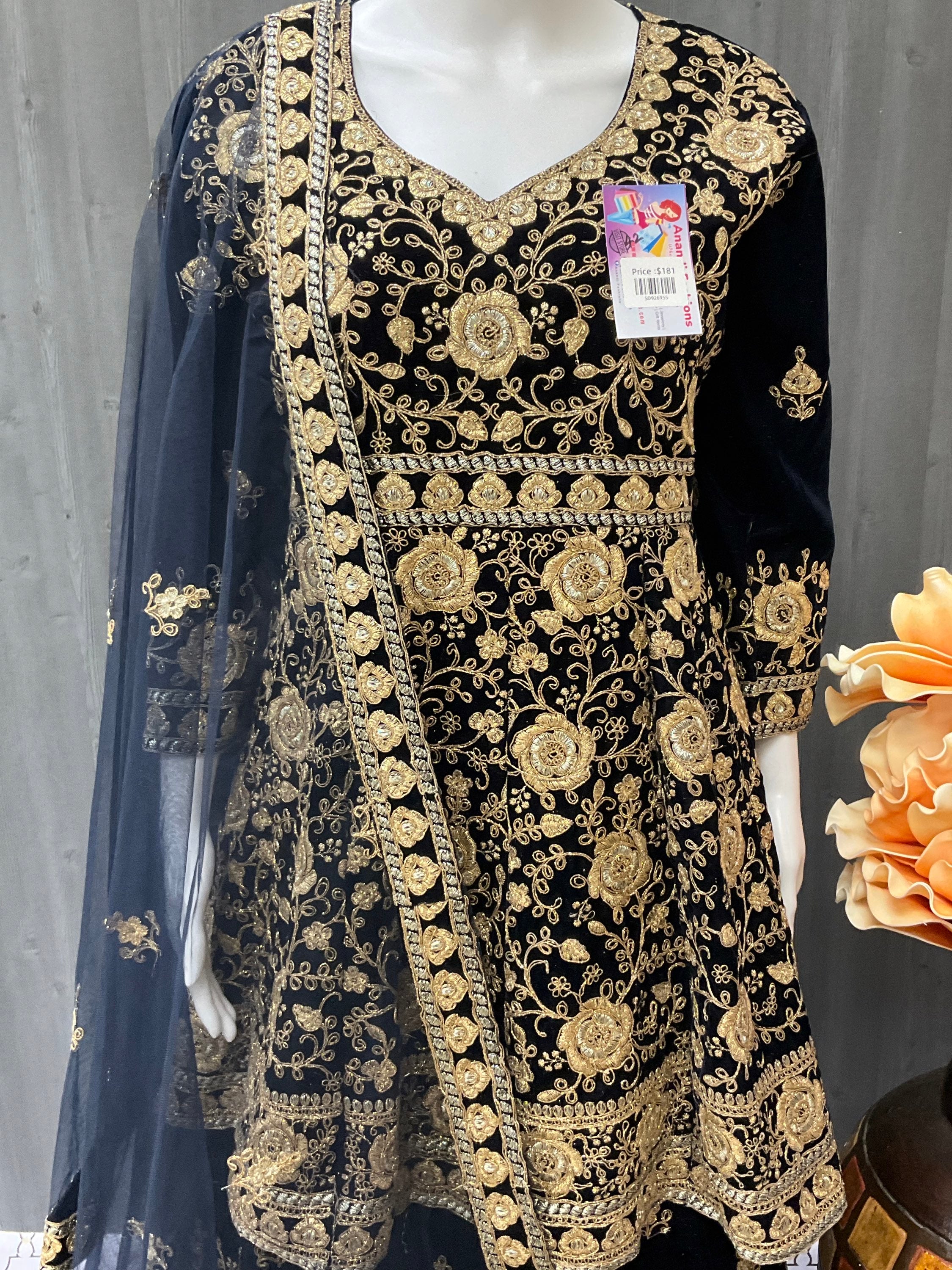 Bridal velvet navy blue lehanga with peplum top image 2