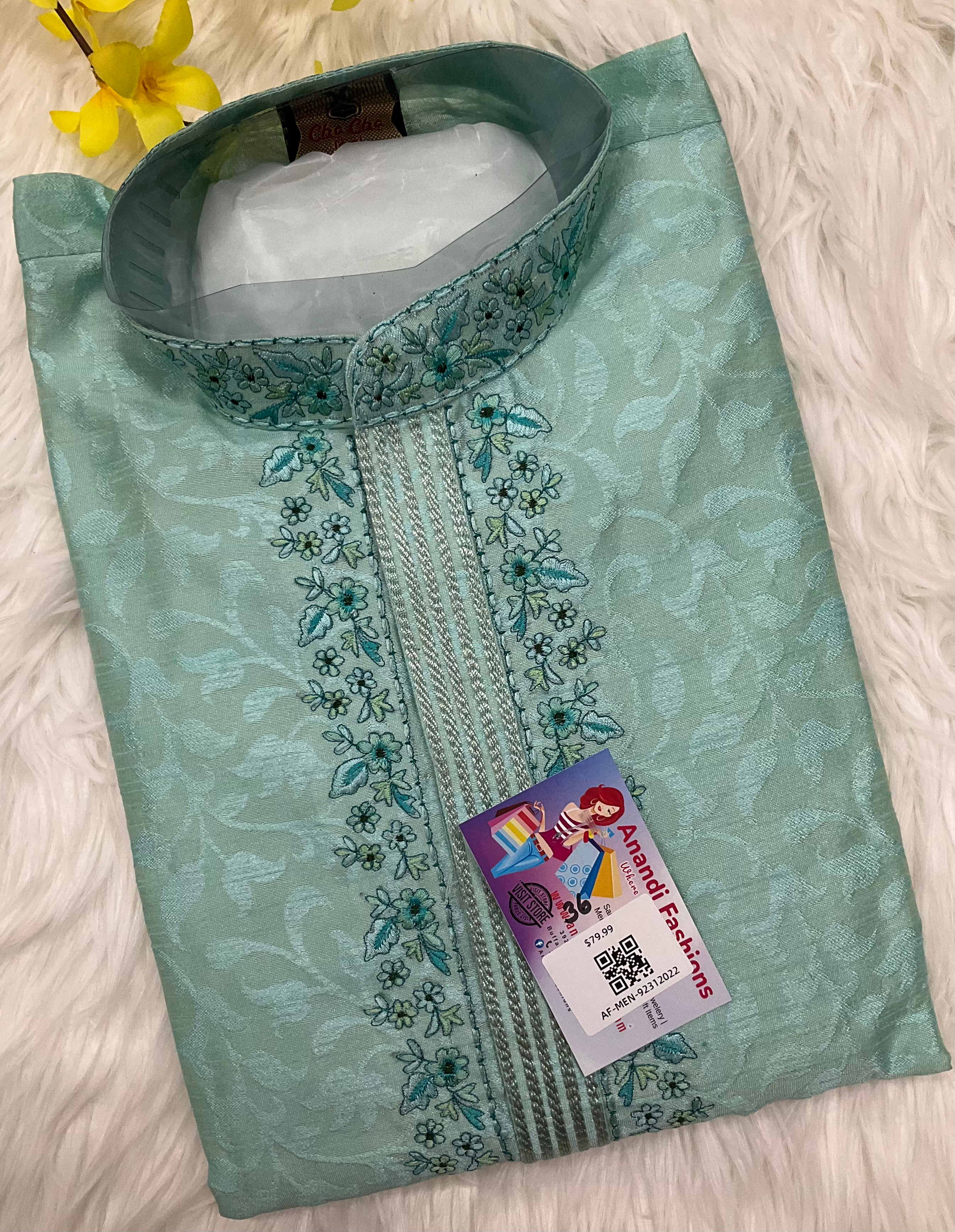 Mens kurta - Mint Green With Beautiful Embroidery image 0