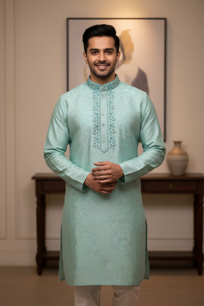 Mens kurta - Mint Green With Beautiful Embroidery