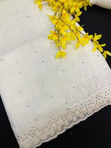 Crushed tissue saree with pearl bead work