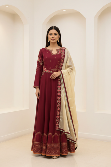 Maroon Color Long Party Wear Dress Size 40 - Elegant Ethnic Wear
