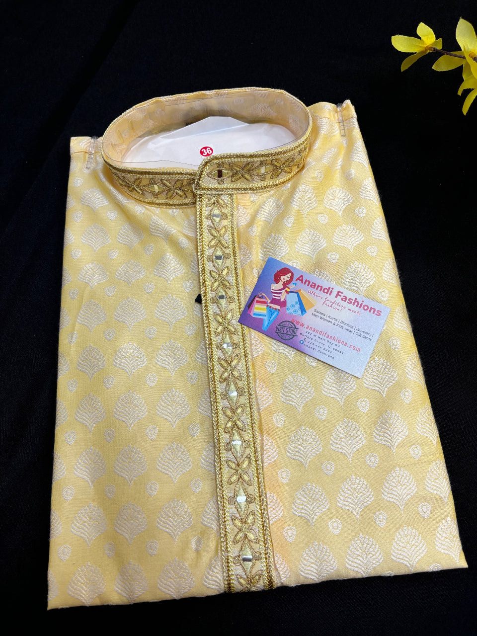Light Yellow -Jacquard Men’s Kurta Pajama set - Size 36/38/40/42 image 2