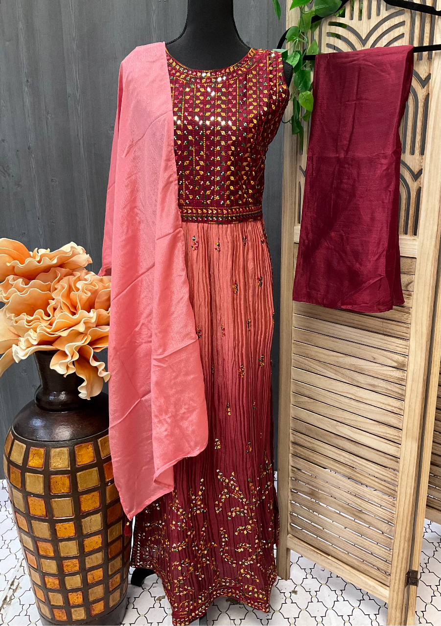 Teen - Nyra Cut Party Wear Dress in Maroon & Onion Pink-Size 38/40 image 0