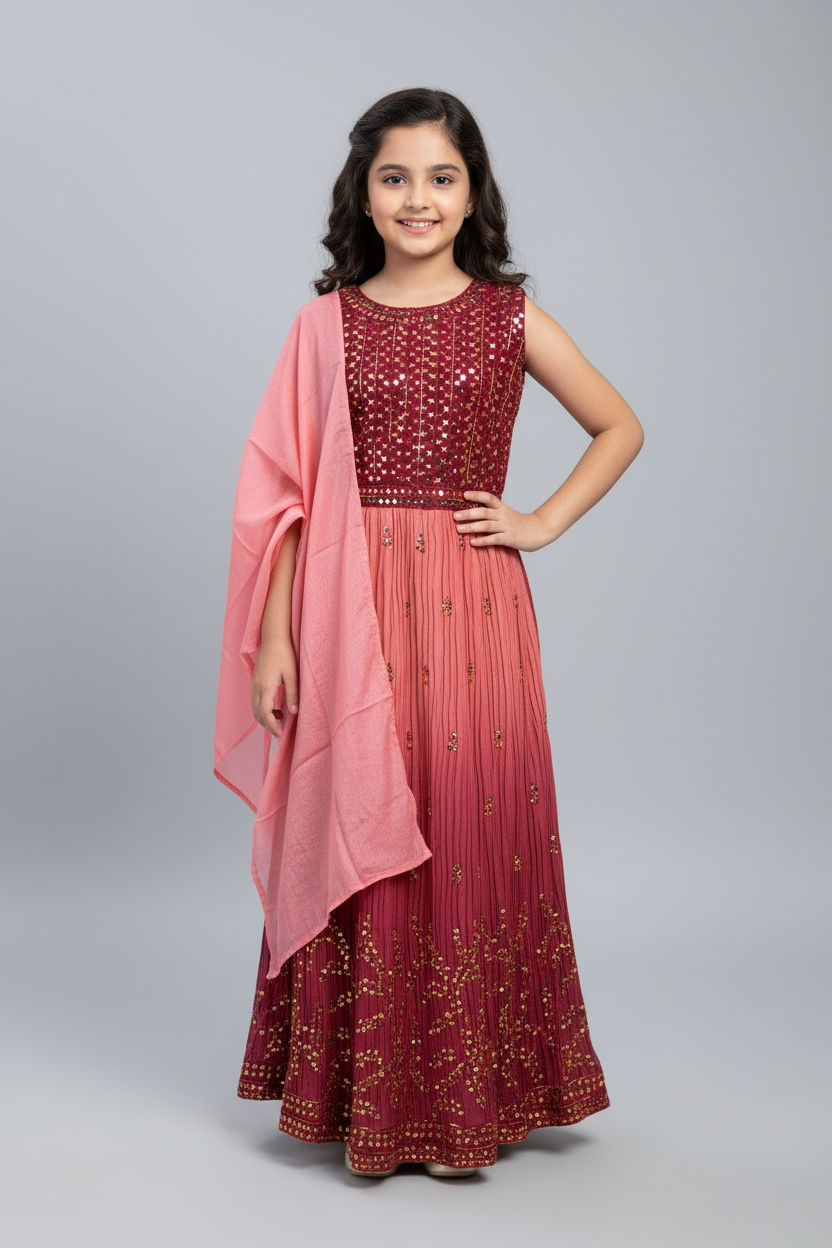 Teen Nyra Cut Party Wear Dress Size 38 - Maroon & Onion Pink