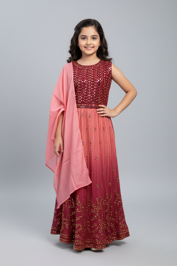 Teen Nyra Cut Party Wear Dress Size 38 - Maroon & Onion Pink