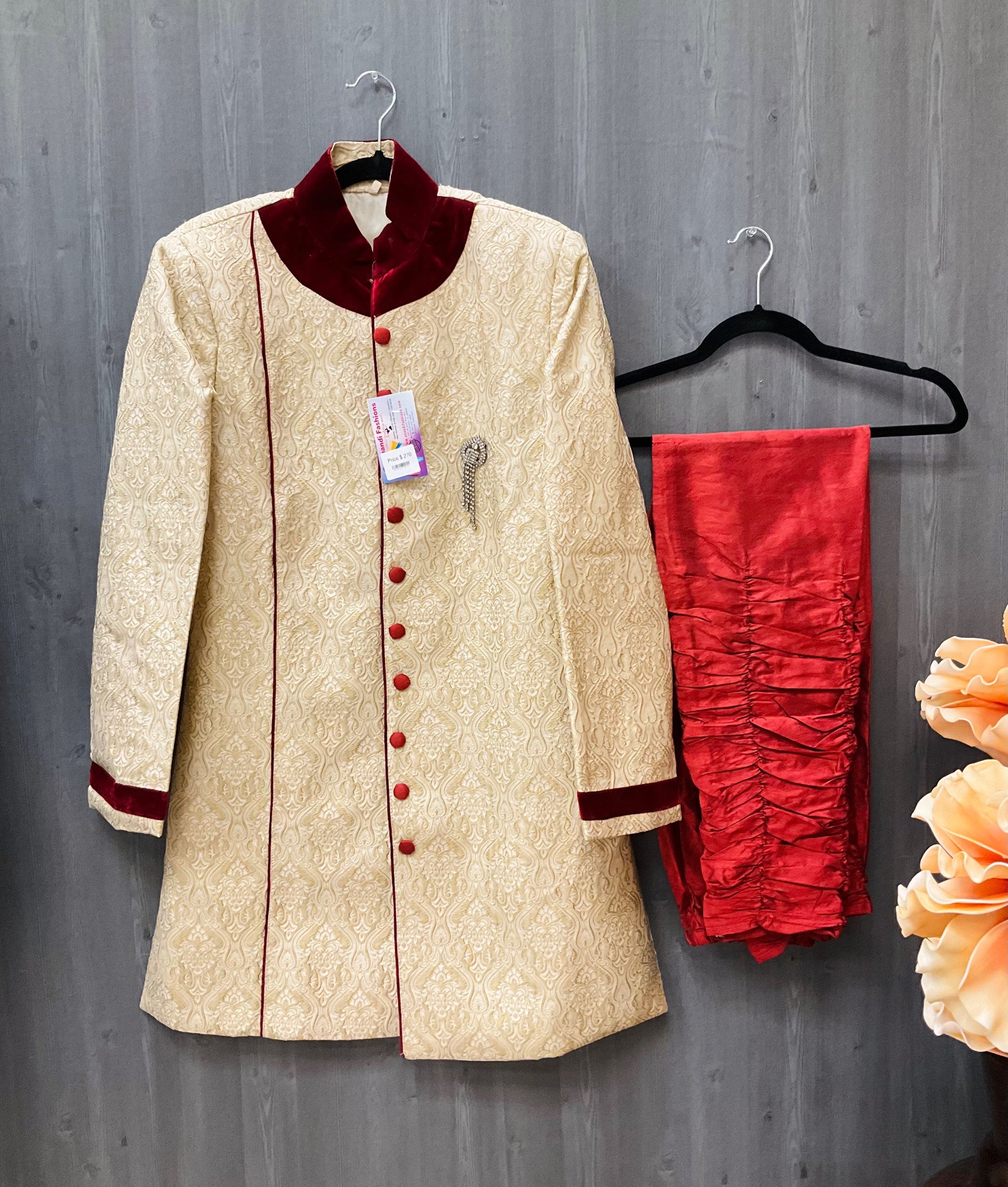 Wedding Mens Sherwani - A Stunning Wedding Sherwani in Cream Kurta Red Pant image 0