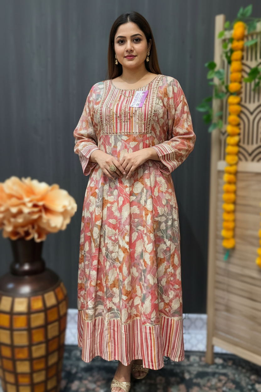 Plus Size Peach Anarkali Kurti Size 58 - Rayon Ethnic Wear