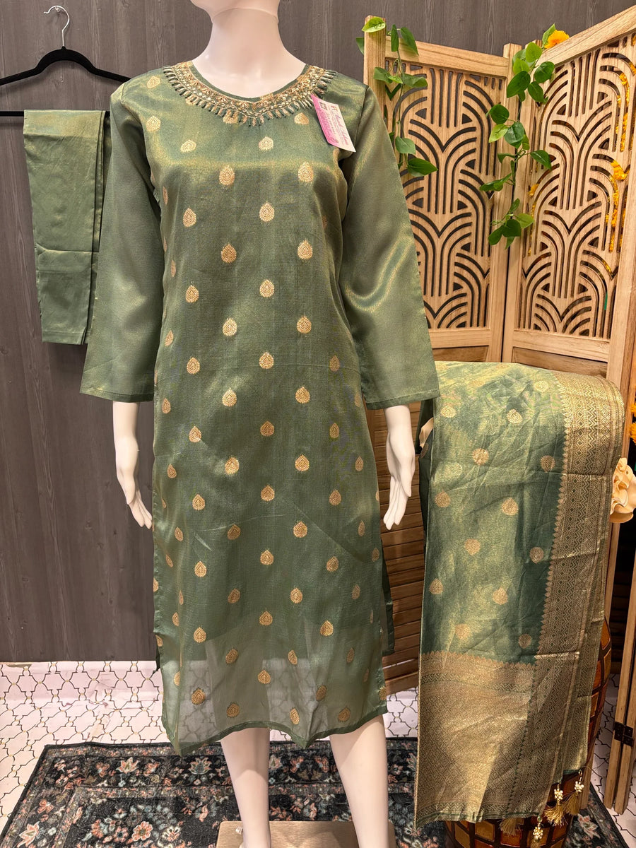 Size 40-Green Banarasi Tissue Chudidhar set/Kurti set