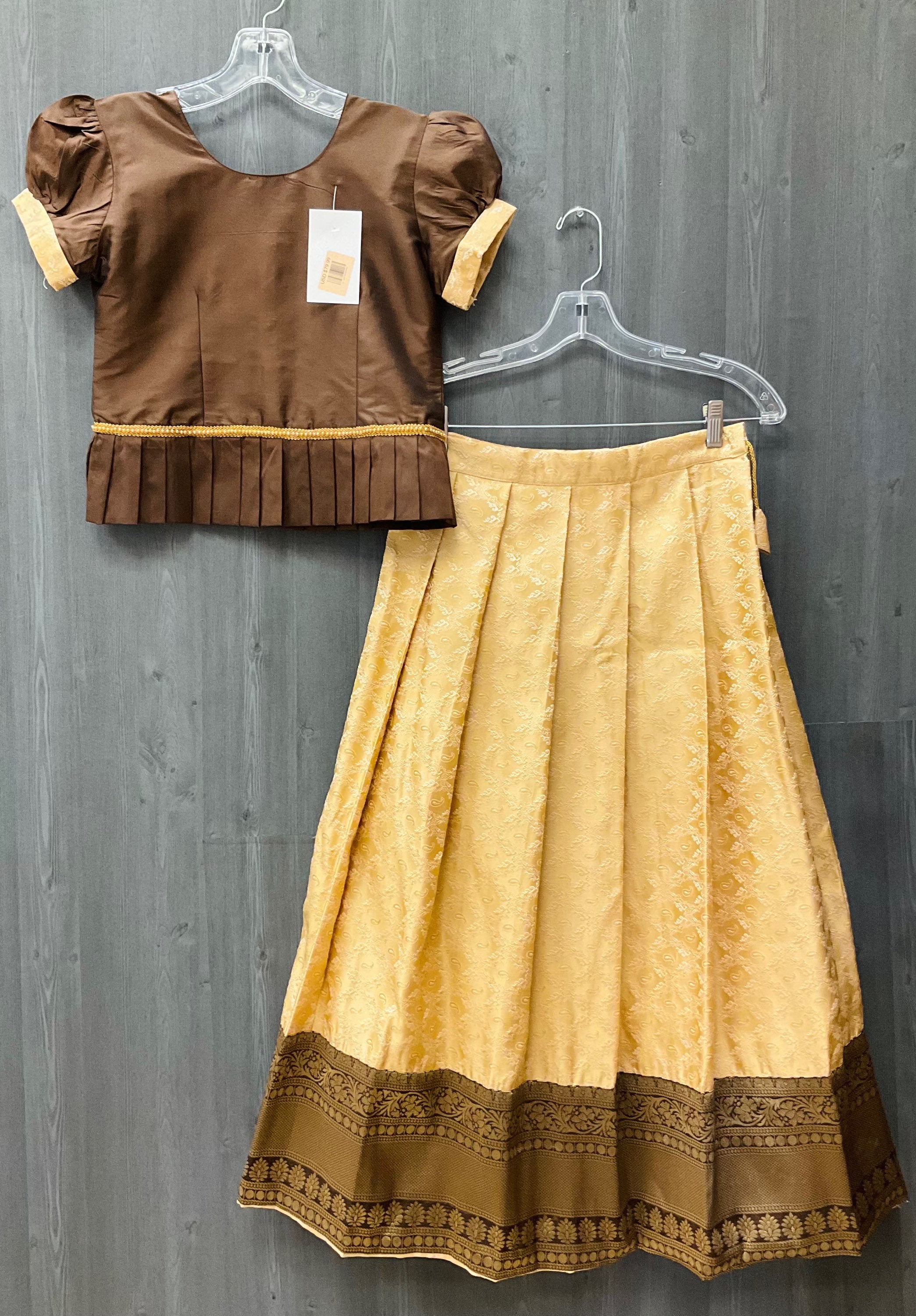 Indian Dress for Girl - Girls Yellow Lehenga with Brown Choli  Pavada with Girls image 0
