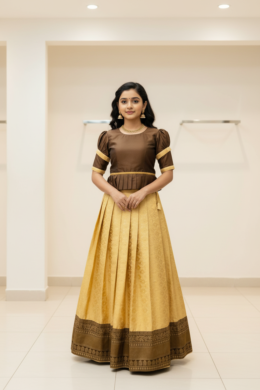 Indian Dress for Girl - Girls Yellow Lehenga with Brown Choli  Pavada with Girls