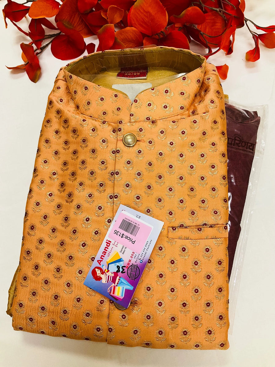 Party Wear for Men - Yellow and Red Men’s kurta set with Vest
