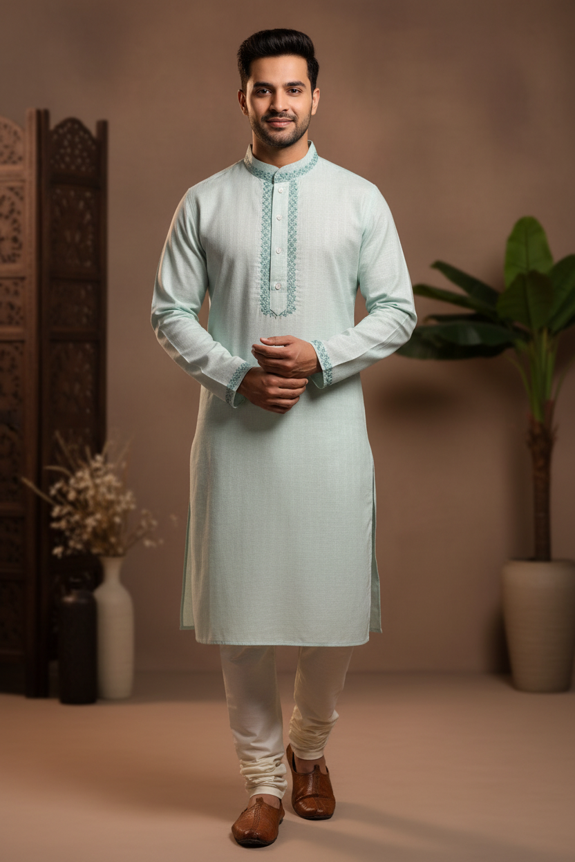 Kurta Pajama for Men - Mens Kurta with Embroidery and Pink Pajama
