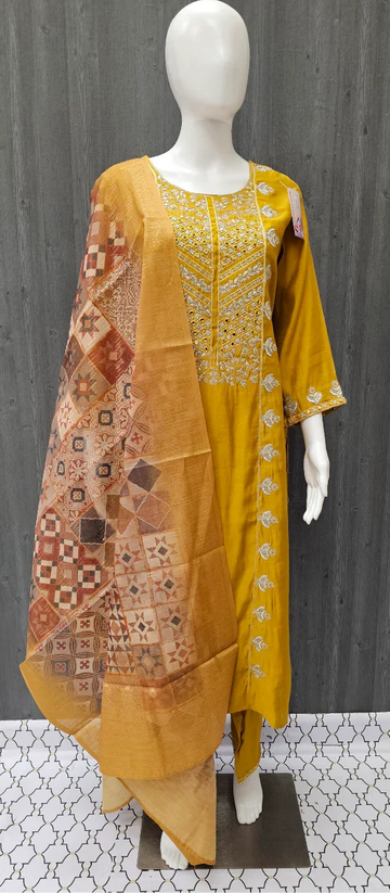 Indian Chudidhar - Party Wear Modal Silk Kurti Set with Chanderi Dupatta- Size 40