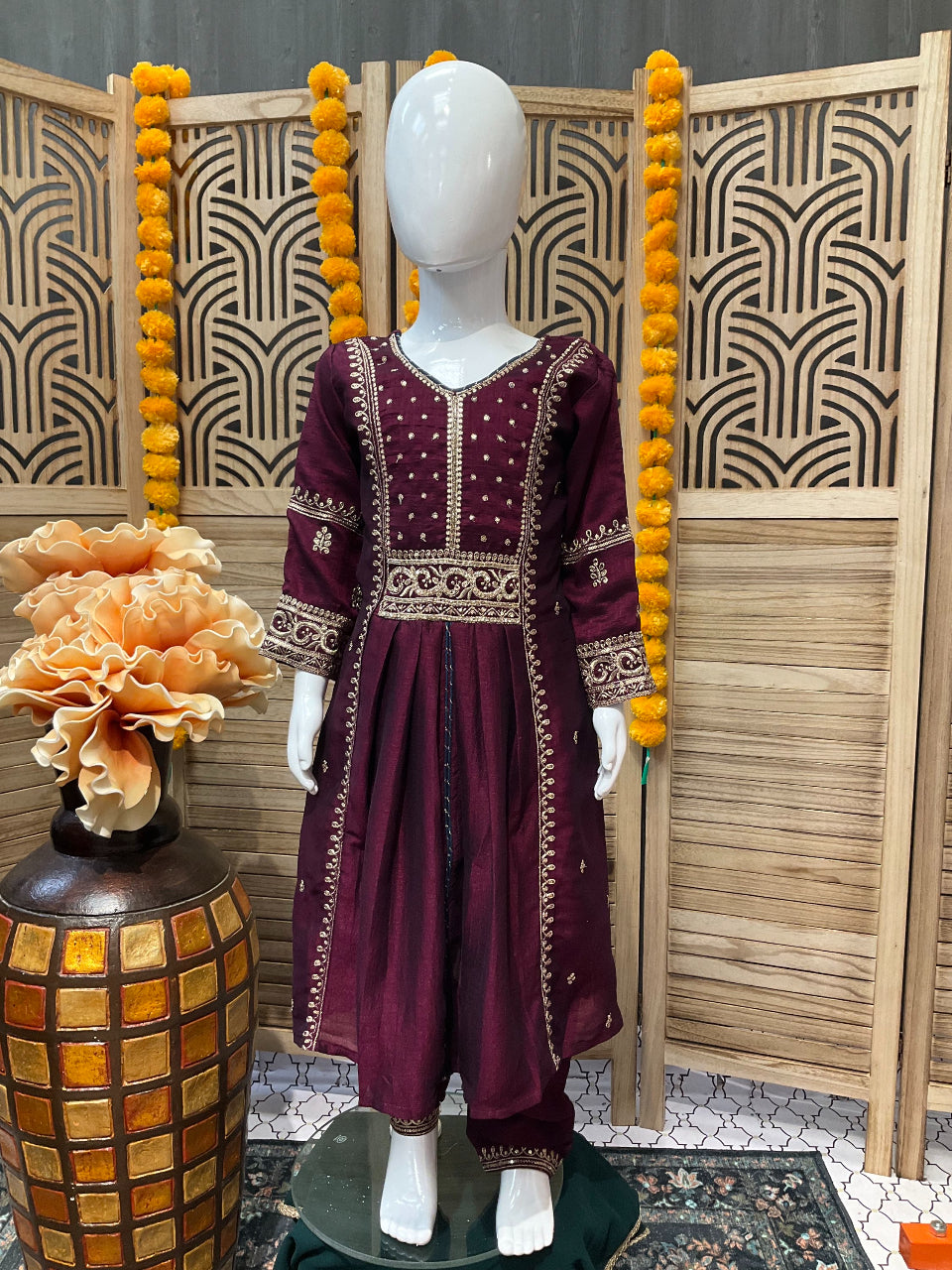 Little Girls-Wine color - Party Wear Churidar set image 2