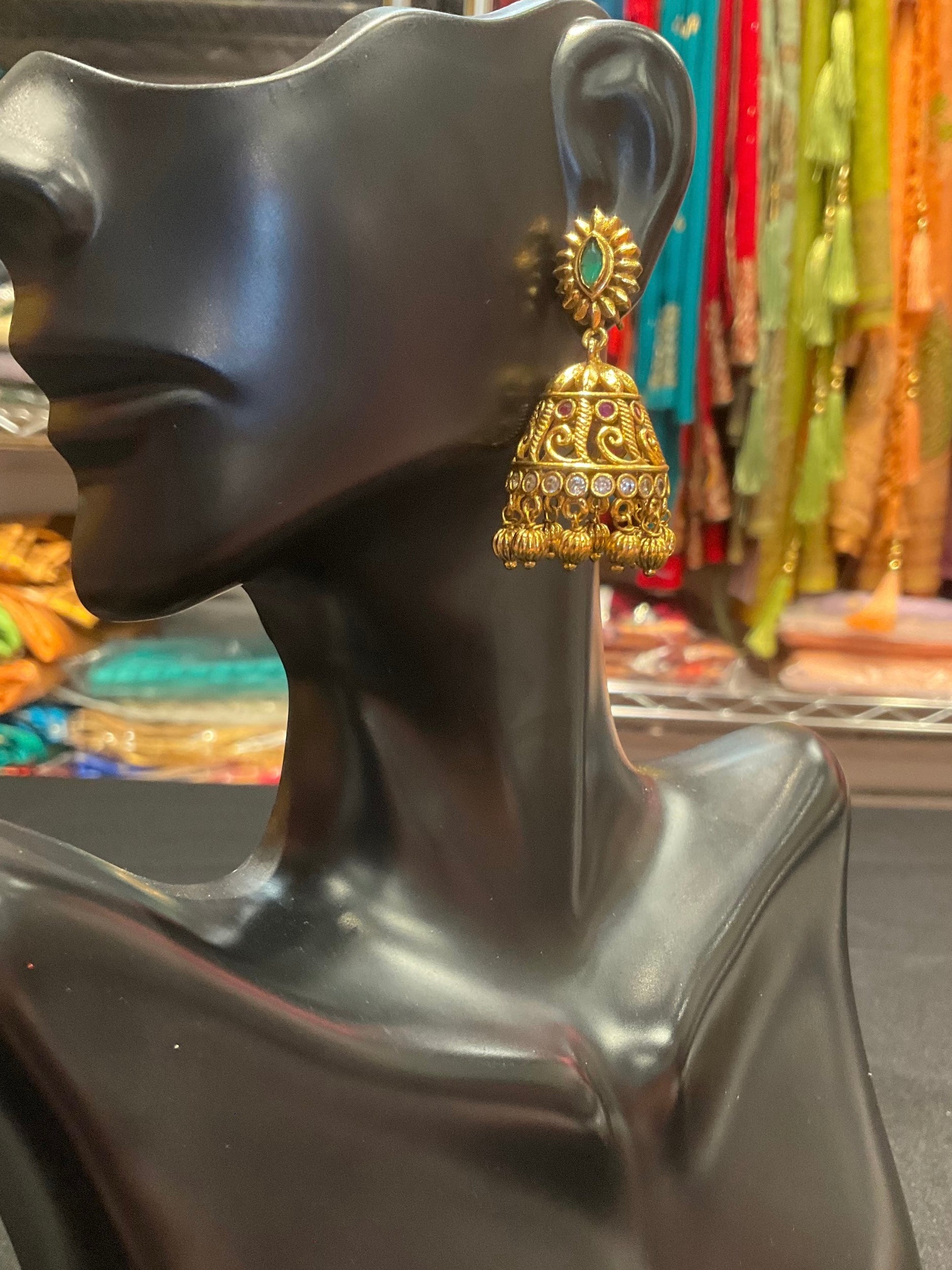 Gold plated Jhumkas/Earrings with multicolor stones image 0