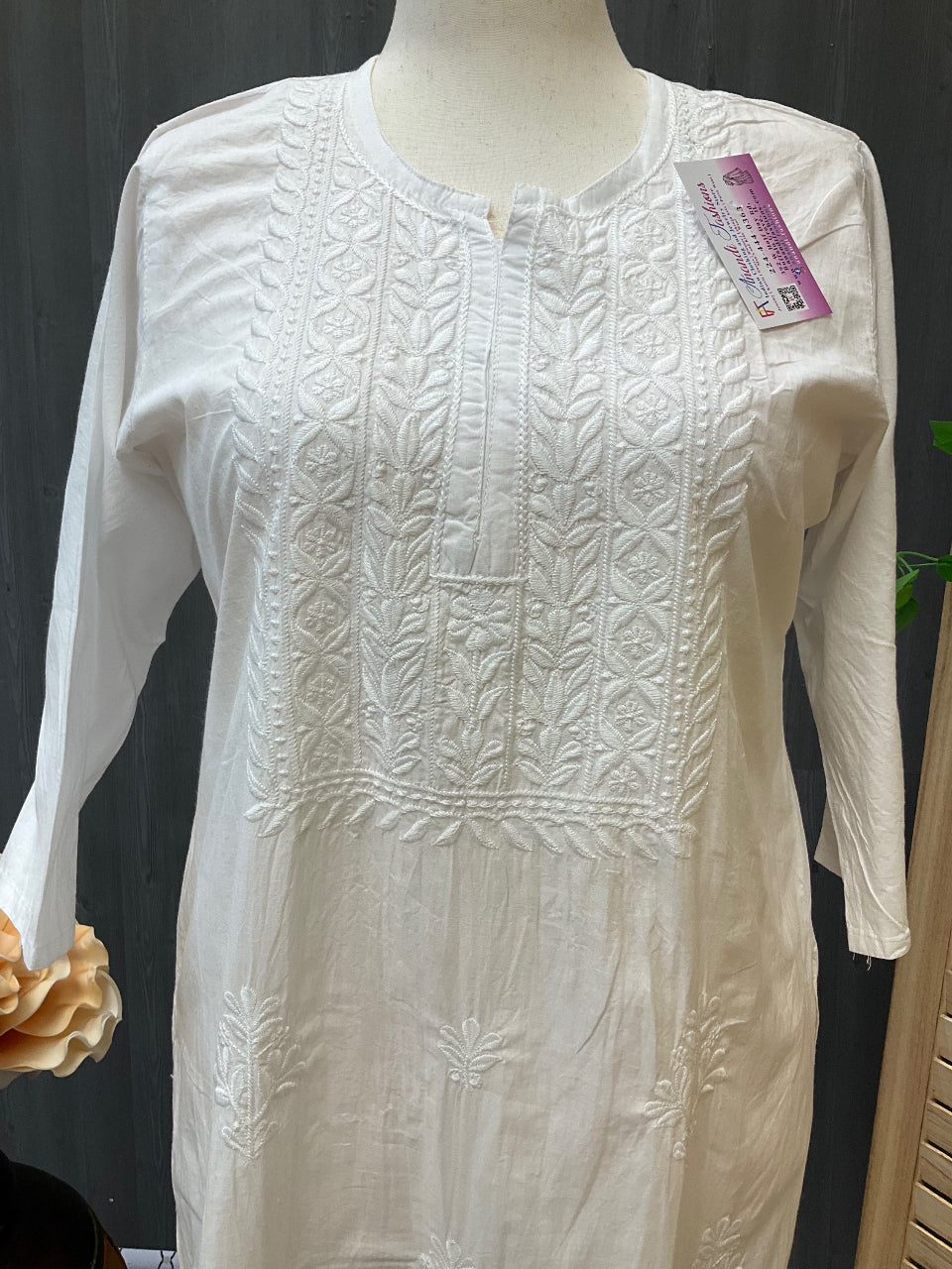 Size 48-Plus Sizes-White soft cotton chikankari kurti image 2