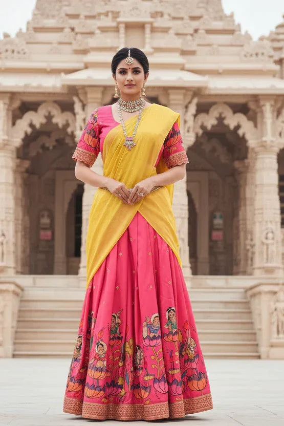 Woman in pink lehenga with yellow dupatta and traditional jewelry standing in front of ornate Indian temple