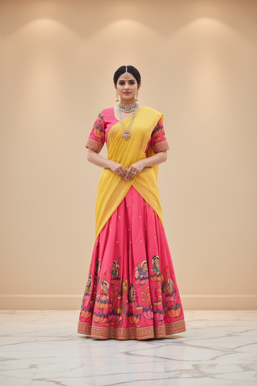 Kalamkari Half Saree Lehenga Set - Traditional Langa Voni
