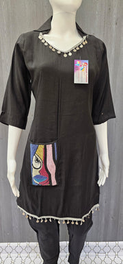 Black Cord Set - Kurti with  Beads Work on Pocket