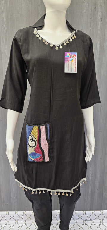 Black Cord Set - Kurti with  Beads Work on Pocket
