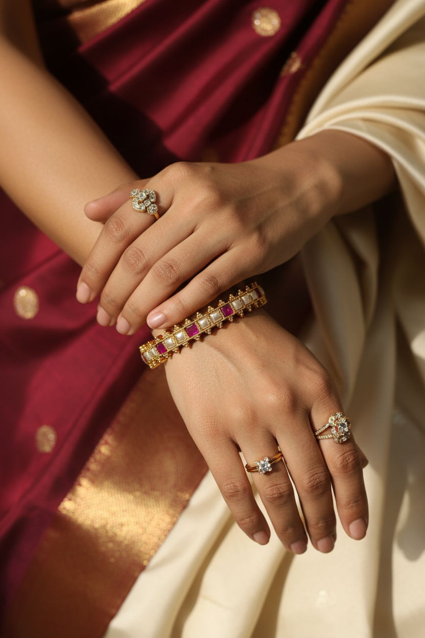 Close-up of hands adorned with gold and diamond rings and a gold bracelet, against maroon and cream ethnic wear