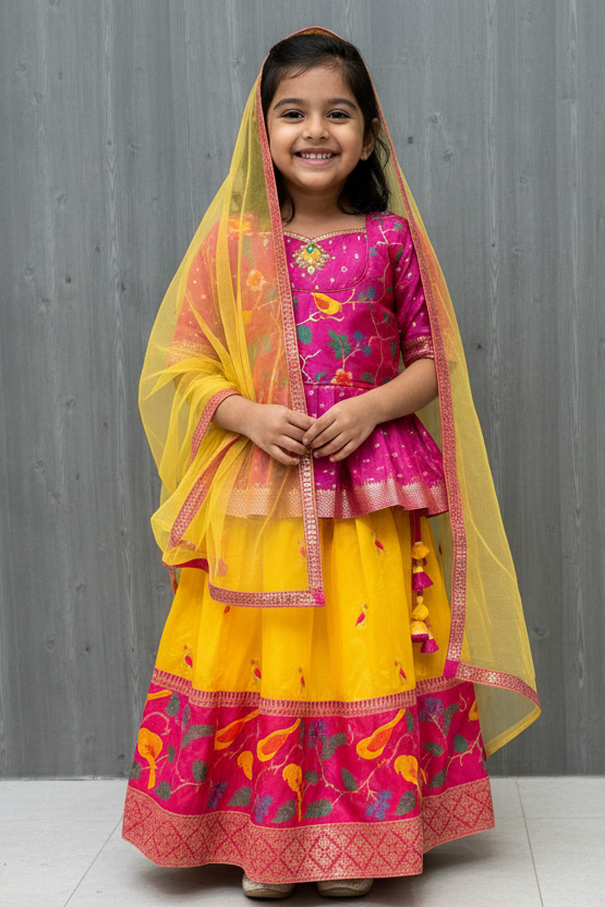 Young girl in a yellow and pink traditional outfit standing against a gray background