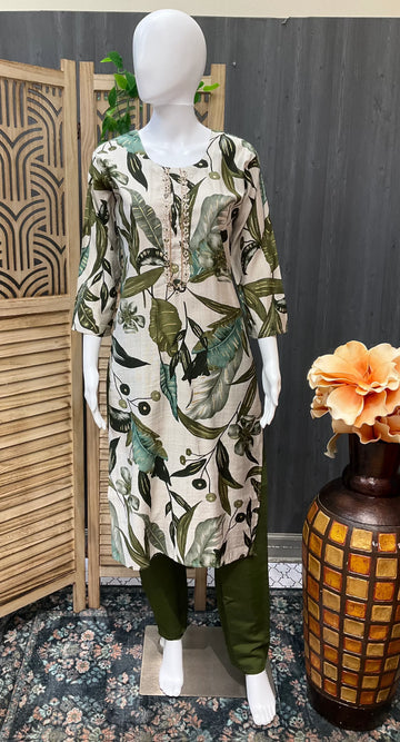 Leaf Pattern Cotton 3 piece Kurti set